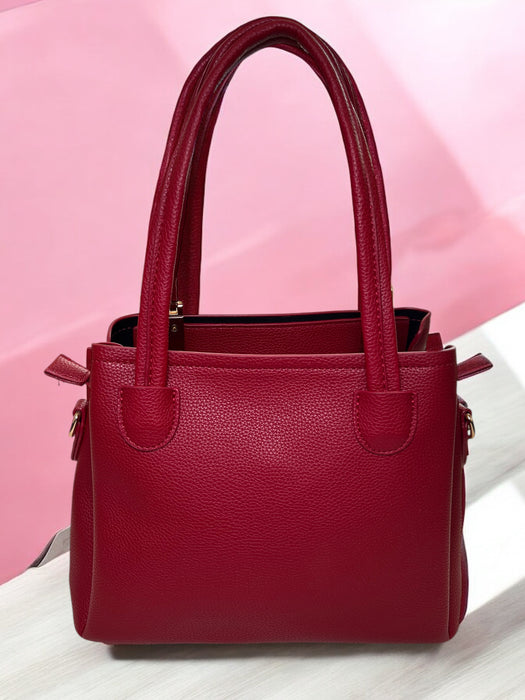 Bold Red Structured Handbag with Elegant Gold Accents