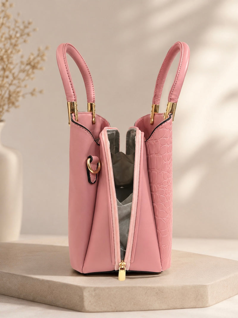 V Detail Croc Luxe Tote Handbag A-071