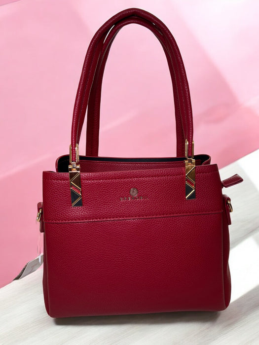 Bold Red Structured Handbag with Elegant Gold Accents