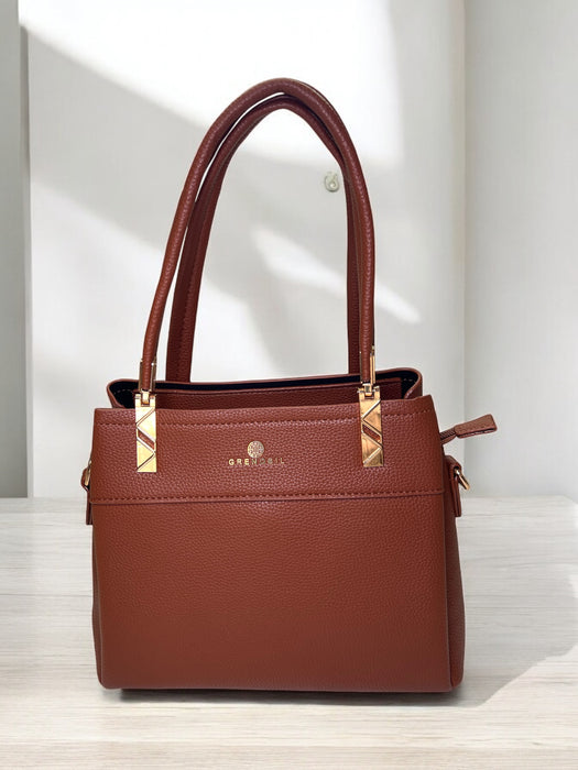 Bold Red Structured Handbag with Elegant Gold Accents