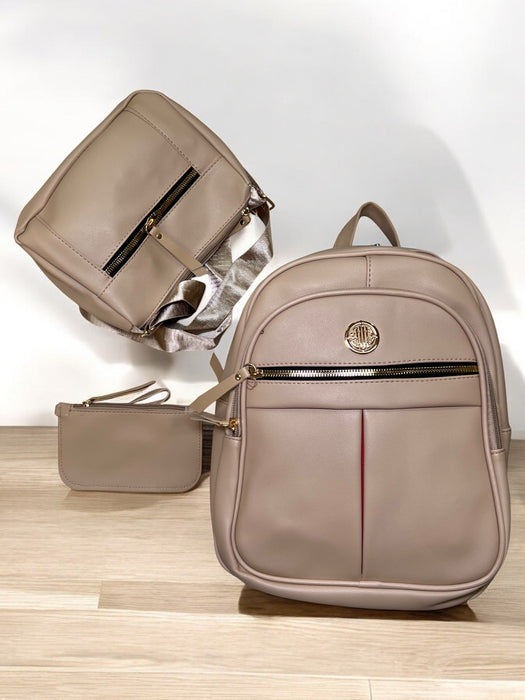 3-Piece Chic Cognac Backpack with Gold Accent Set