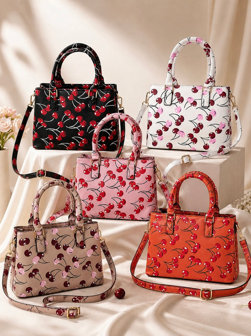 Cherry Print Structured Tote Bag A-068