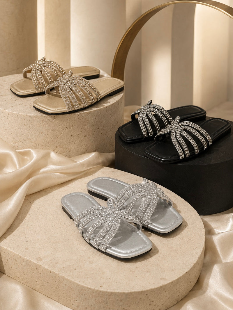 Glam Bow Rhinestone Flat Slide Sandals A-017