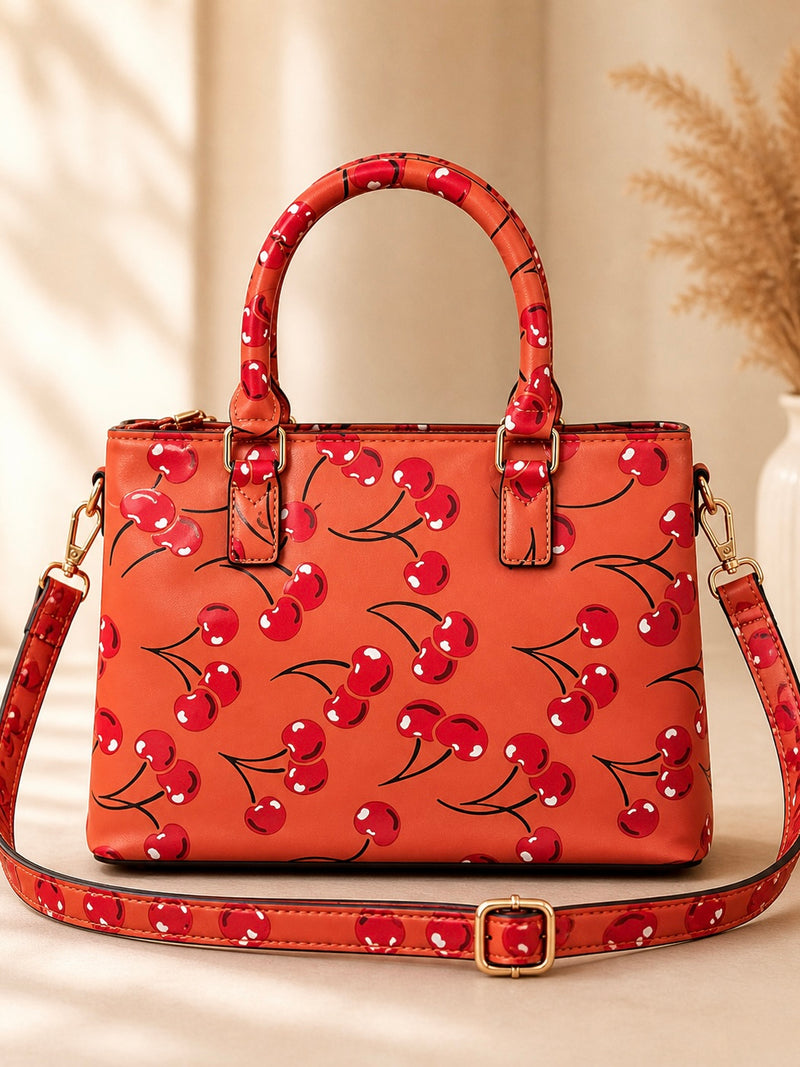 Cherry Print Structured Tote Bag A-068