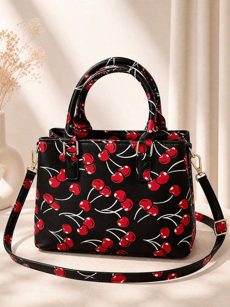 Cherry Print Structured Tote Bag A-068