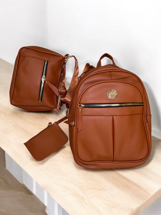 3-Piece Chic Cognac Backpack with Gold Accent Set