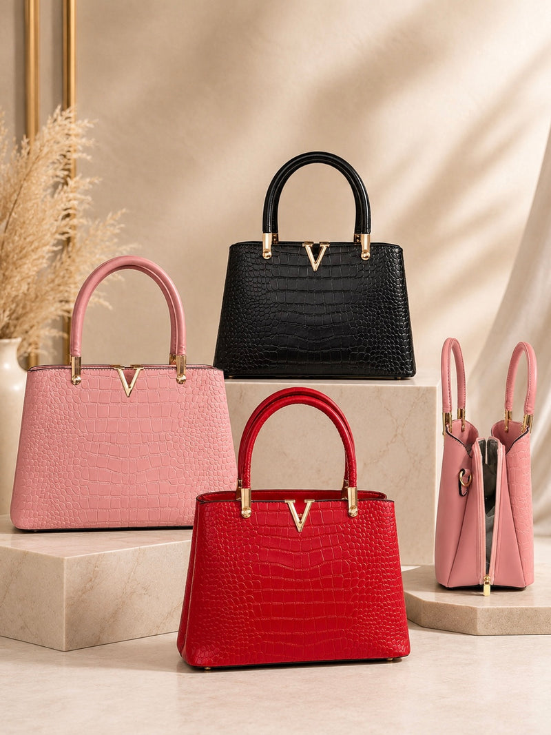 V Detail Croc Luxe Tote Handbag A-071