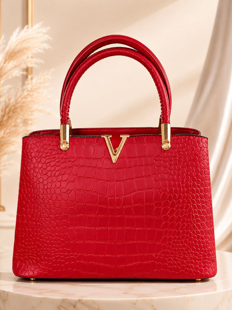 V Detail Croc Luxe Tote Handbag A-071