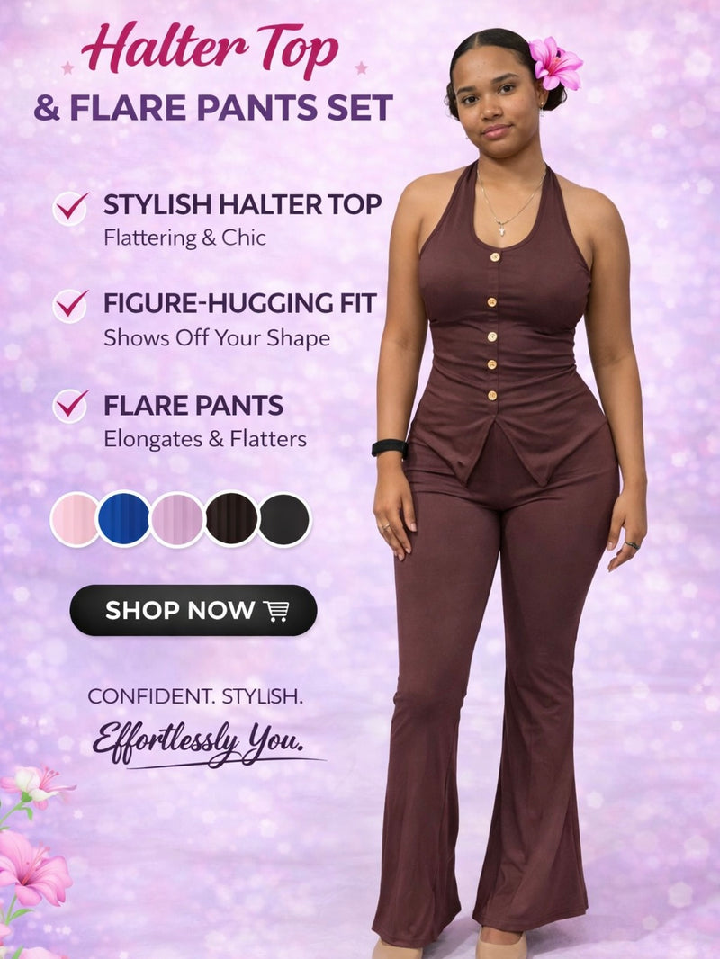 Chic Muse Halter Top & Flare Pants Set AH14
