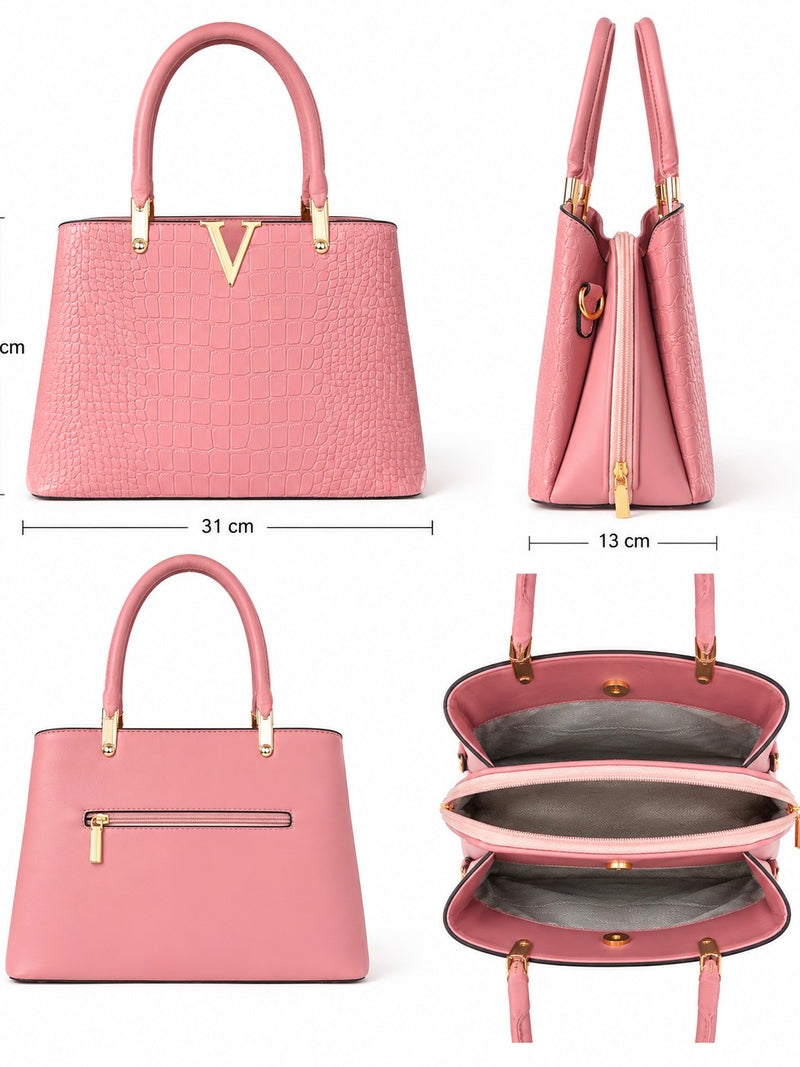 V Detail Croc Luxe Tote Handbag A-071