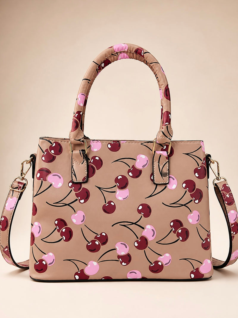 Cherry Print Structured Tote Bag A-068