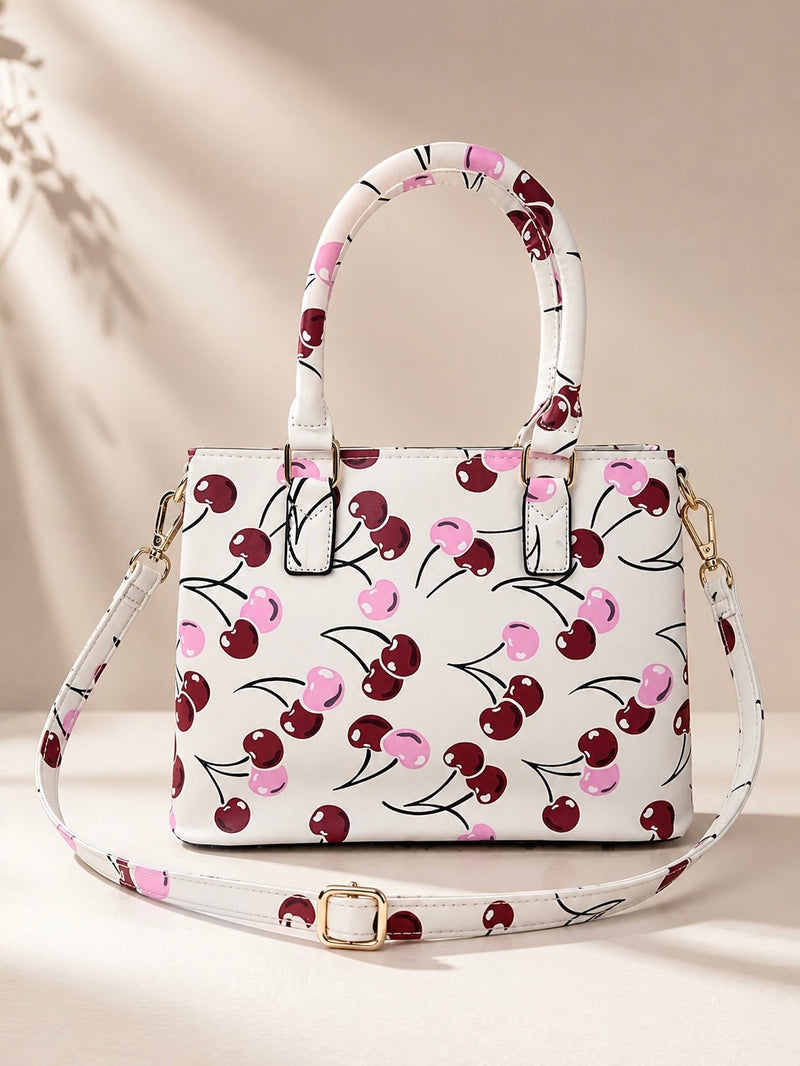 Cherry Print Structured Tote Bag A-068