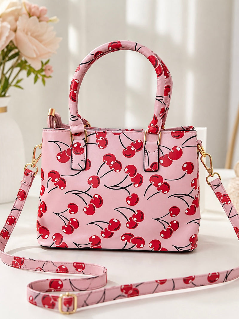 Cherry Print Structured Tote Bag A-068