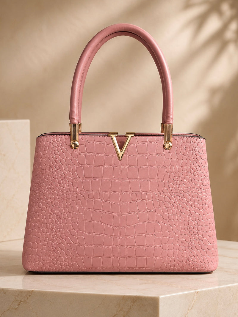 V Detail Croc Luxe Tote Handbag A-071