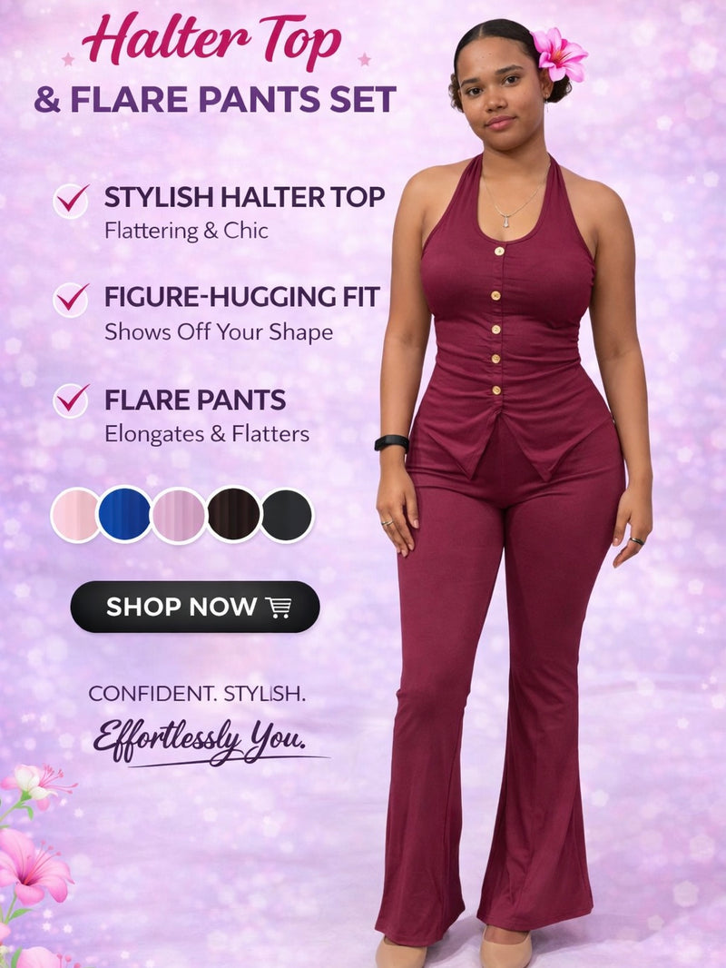 Chic Muse Halter Top & Flare Pants Set AH14