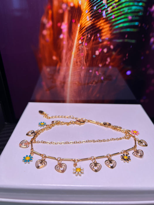 Ladies Flower Charms Brazilian 24k Gold Plated Anklets