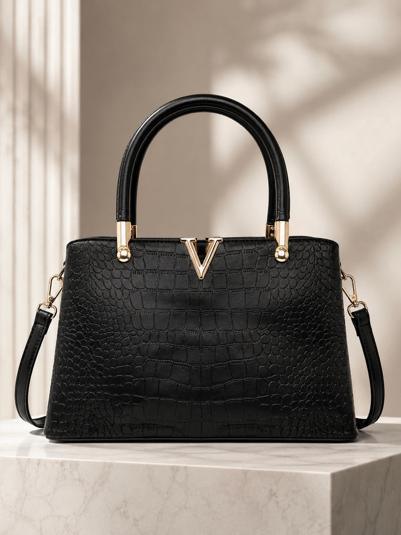 V Detail Croc Luxe Tote Handbag A-071