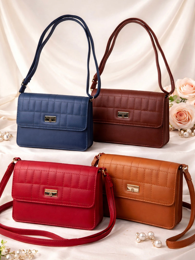 Caramel Grid-Stitch Crossbody Bag – Sleek & Sophisticated Bag D-3355