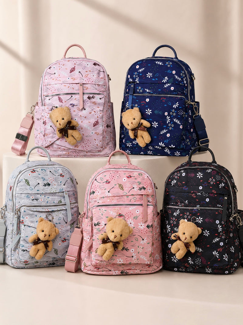 Floral Backpack with Teddy Bear Keychain GNBA0902