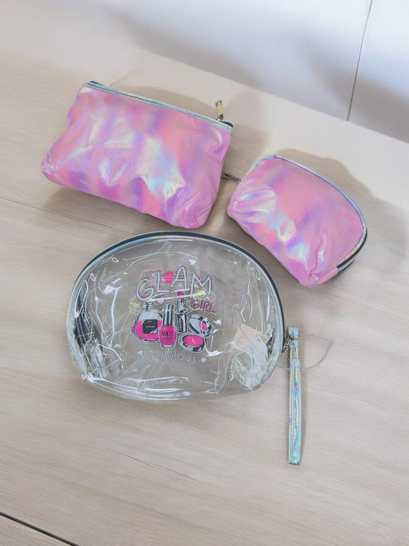 Glam Girl Iridescent Makeup Bag Set – 3-Piece Organizer D-XH7