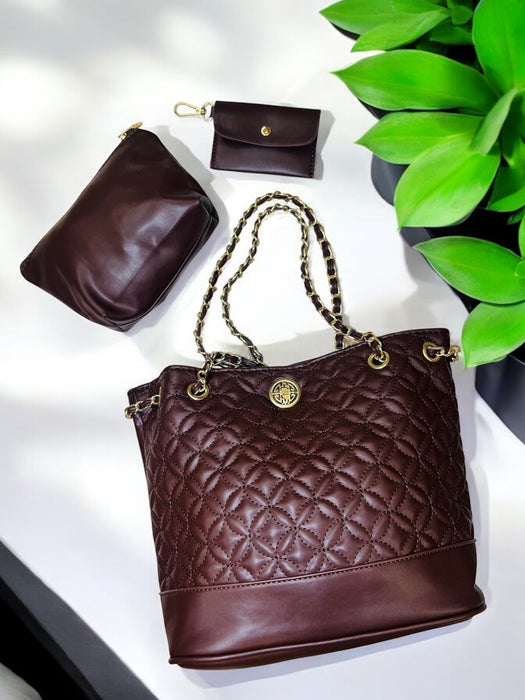 Grenobil Chocolate Quilted Tote Set with Chain Straps C-373Y