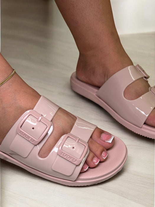 LUOFU Double Buckle Chic Slides - Beige