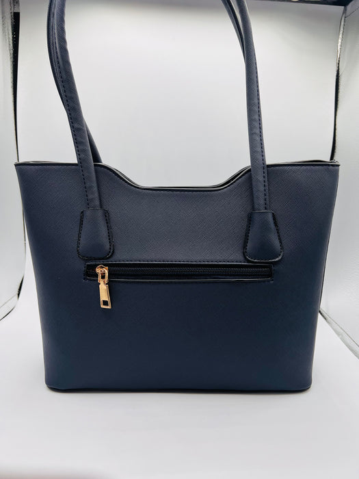Michael Kors Navy PU Leather Women's Casual Bag with Double Handle and Zipper Closure
