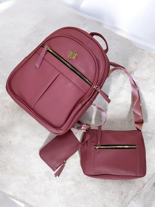 3-Piece Chic Cognac Backpack with Gold Accent Set