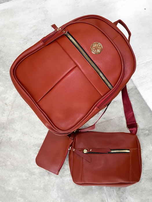 3-Piece Chic Cognac Backpack with Gold Accent Set