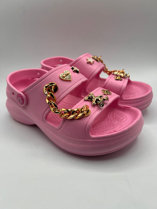 Ladies Chain & Charms Decor Pink Platforms Sandals