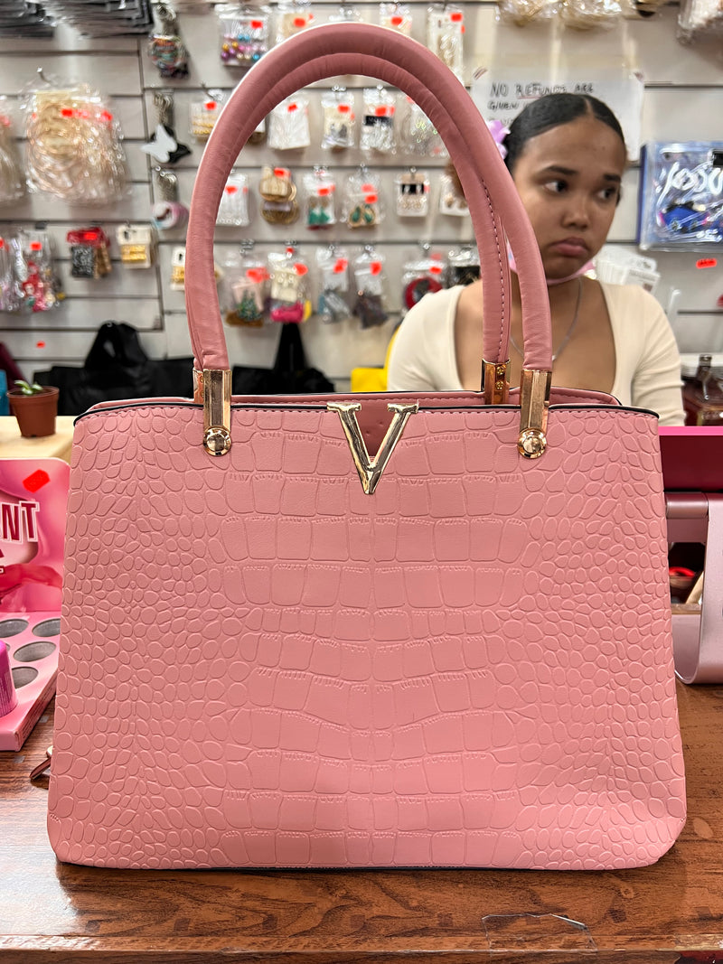 V Detail Croc Luxe Tote Handbag A-071
