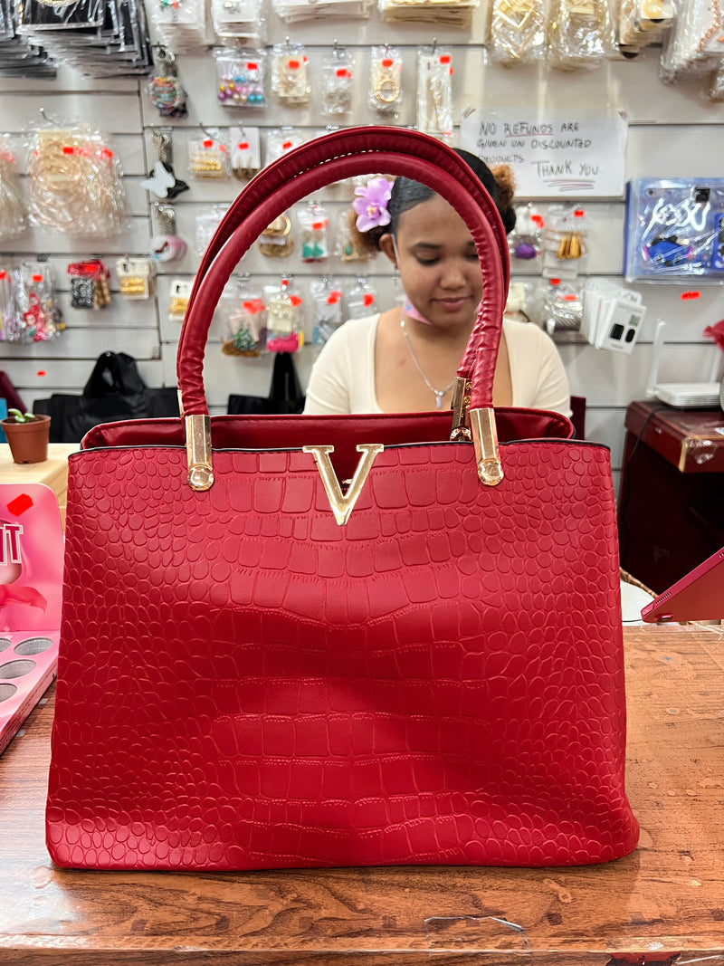 V Detail Croc Luxe Tote Handbag A-071