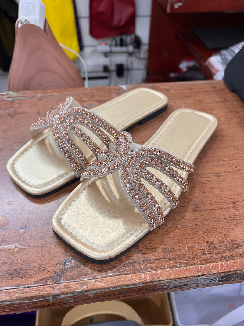Glam Bow Rhinestone Flat Slide Sandals A-017