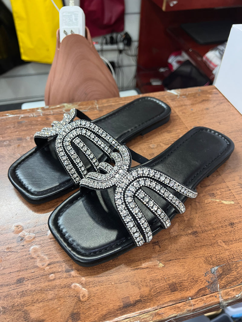 Glam Bow Rhinestone Flat Slide Sandals A-017