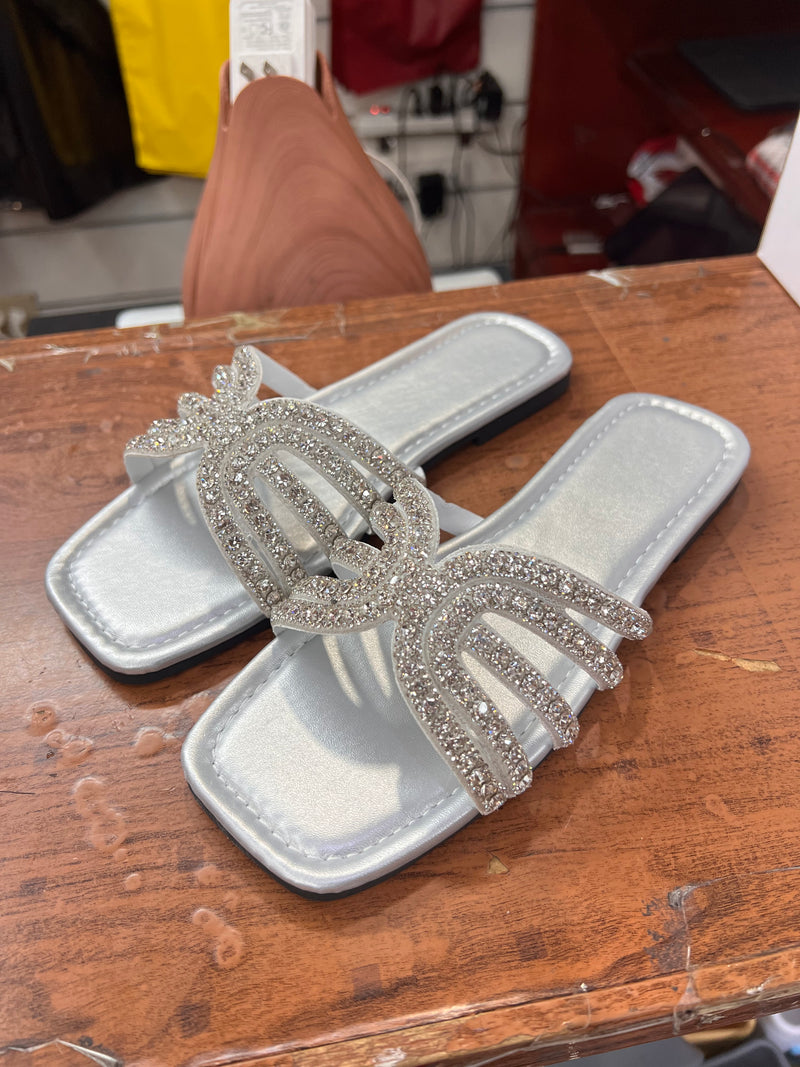 Glam Bow Rhinestone Flat Slide Sandals A-017