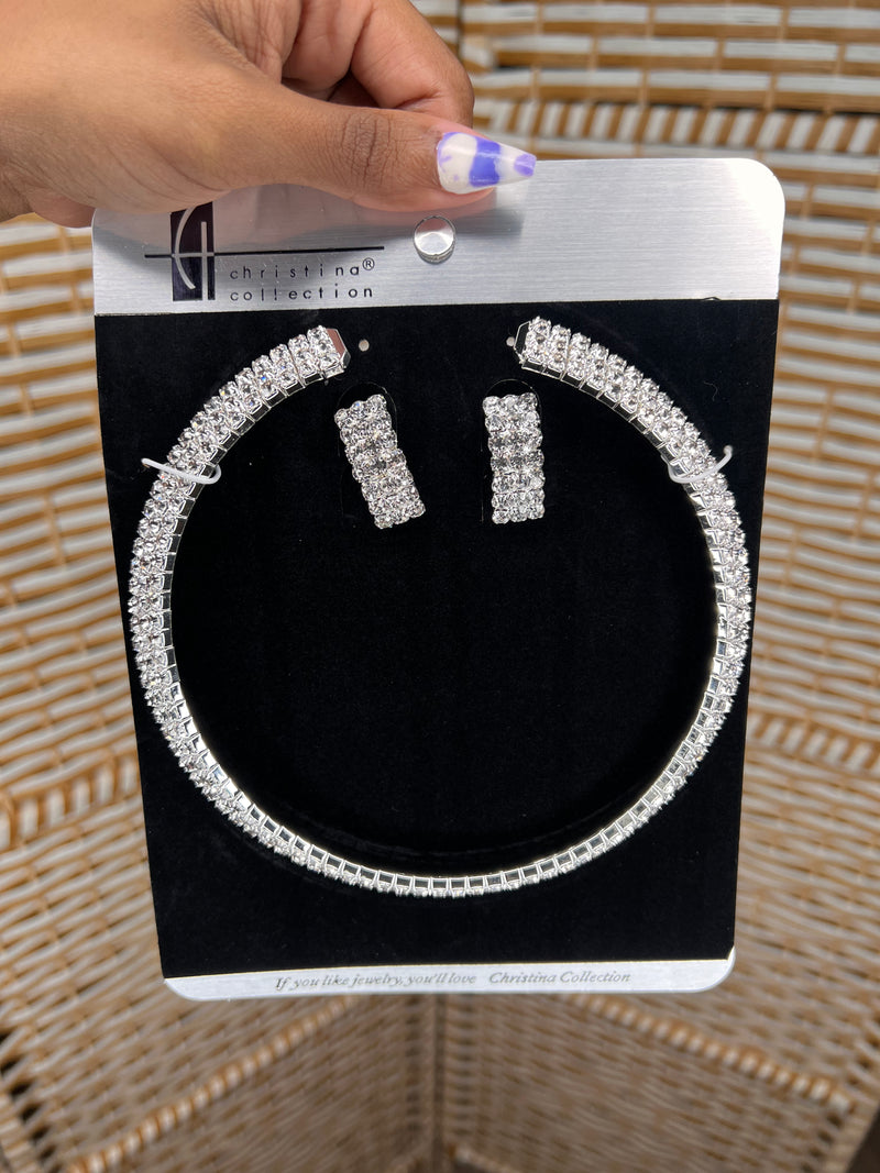 Rhinestone Choker Necklace Earrings Jewelry Set for Wedding Bridal Prom Party