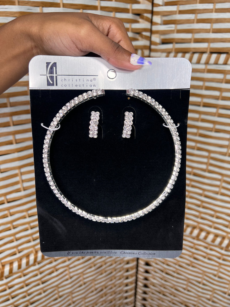 Rhinestone Choker Necklace Earrings Jewelry Set for Wedding Bridal Prom Party