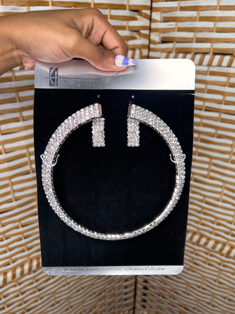 Rhinestone Choker Necklace Earrings Jewelry Set for Wedding Bridal Prom Party