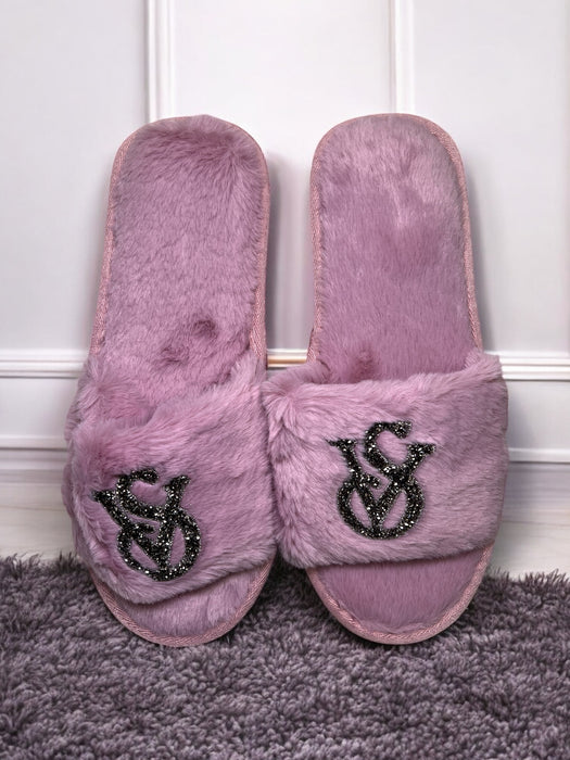 Glitter Initial Fuzzy Bedroom Slides