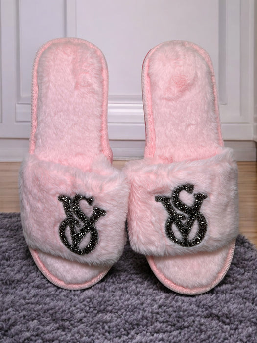Glitter Initial Fuzzy Bedroom Slides