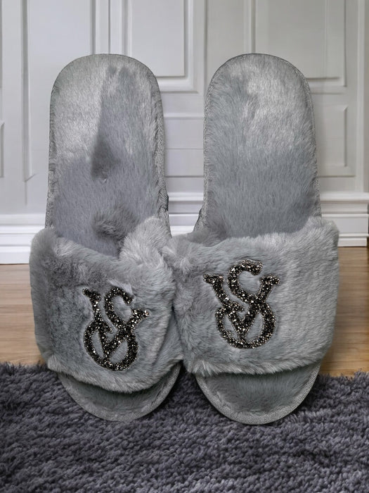 Glitter Initial Fuzzy Bedroom Slides