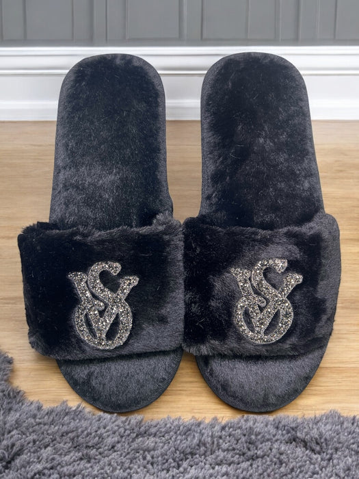 Glitter Initial Fuzzy Bedroom Slides