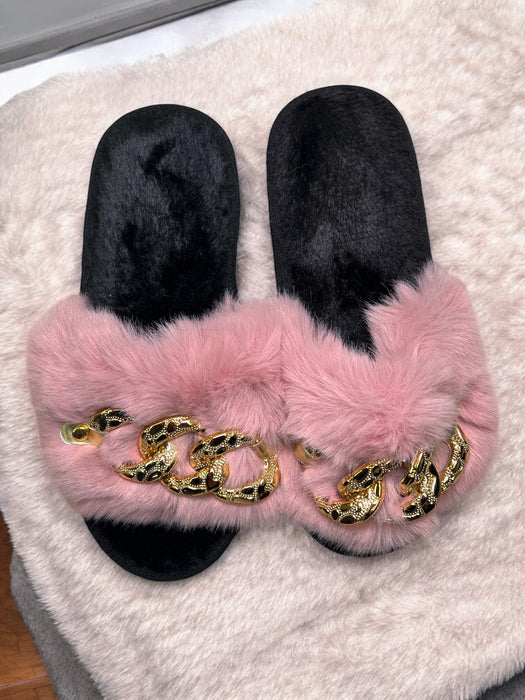 Luxe Gold Chain Fuzzy Bedroom Slides