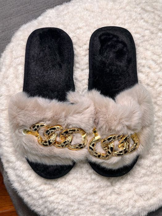 Luxe Gold Chain Fuzzy Bedroom Slides