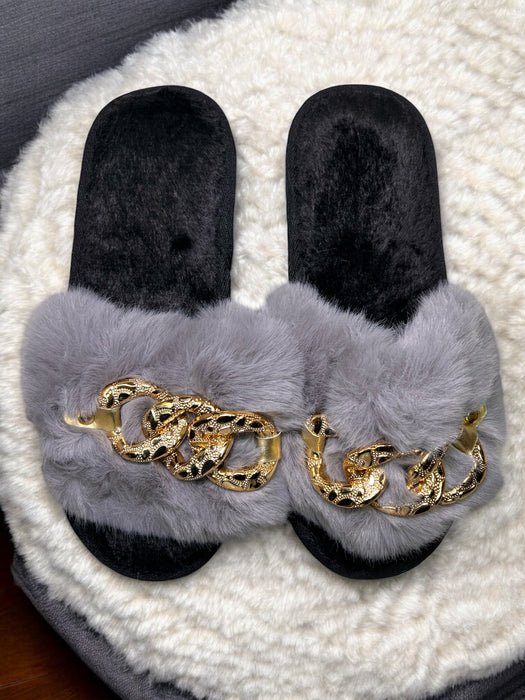 Luxe Gold Chain Fuzzy Bedroom Slides