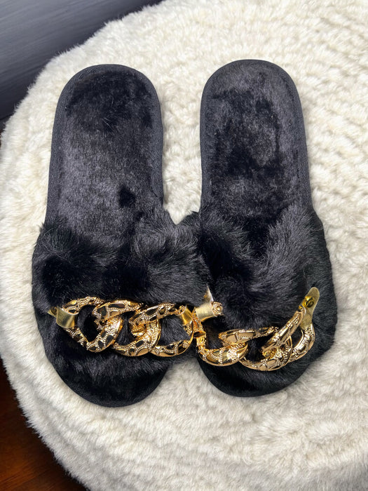 Luxe Gold Chain Fuzzy Bedroom Slides