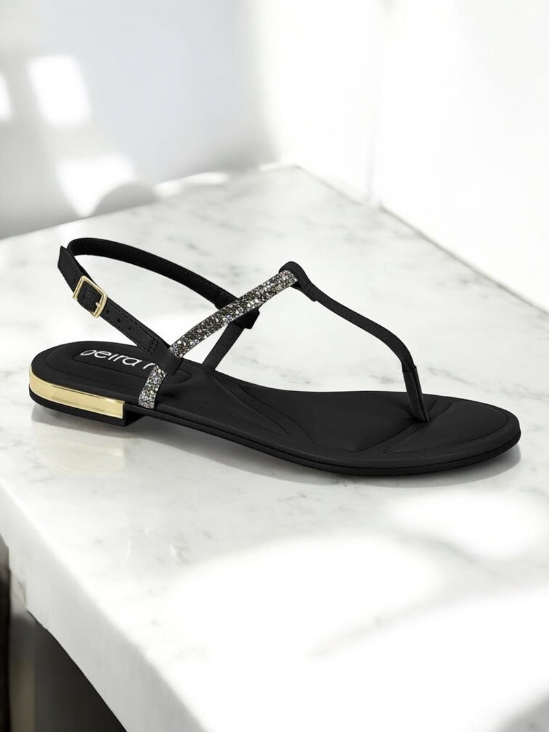 Beira Rio Black Rhinestone T-Strap Sandals 8263.972
