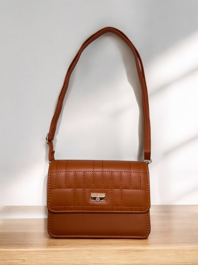 Caramel Grid-Stitch Crossbody Bag – Sleek & Sophisticated Bag D-3355