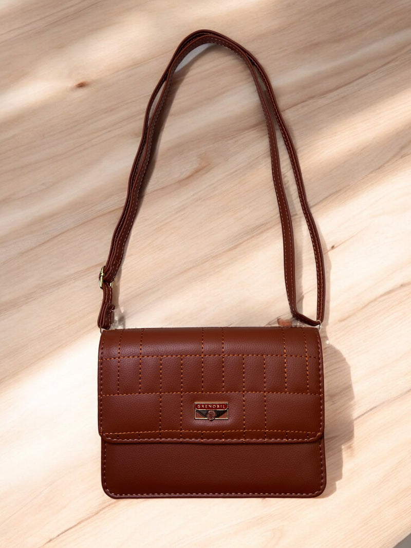 Caramel Grid-Stitch Crossbody Bag – Sleek & Sophisticated Bag D-3355