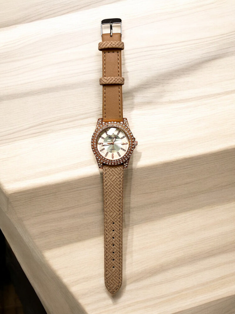 Women’s Crystal Accent Watch – Textured Strap Edition